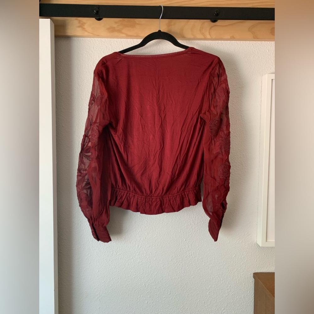 Anthropologie Burgundy Embroidered Sheer Long-Sleeve Blouse - Picture 7 of 7
